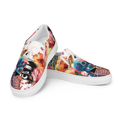 canvas slip on shoes, slip on shoes, canvas sneakers, canvas shoes, trendy fashion, unique shoe design, mens shoes, womens shoes, sneakers, art by jen duran