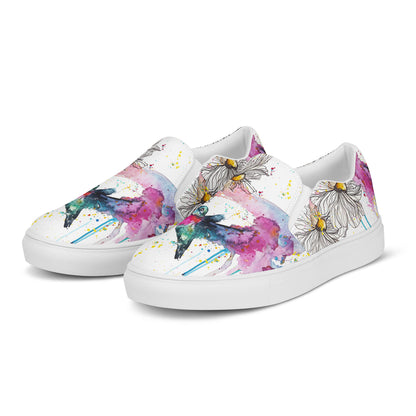 canvas slip on shoes, slip on shoes, canvas sneakers, canvas shoes, trendy fashion, unique shoe design, mens shoes, womens shoes, sneakers, art by jen duran