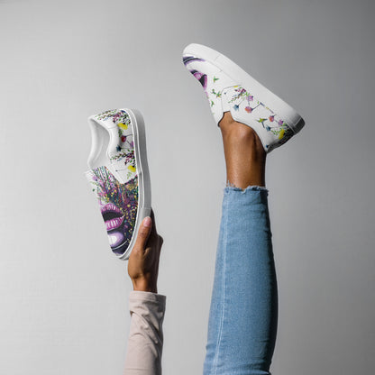 canvas slip on shoes, slip on shoes, canvas sneakers, canvas shoes, trendy fashion, unique shoe design, mens shoes, womens shoes, sneakers, art by jen duran