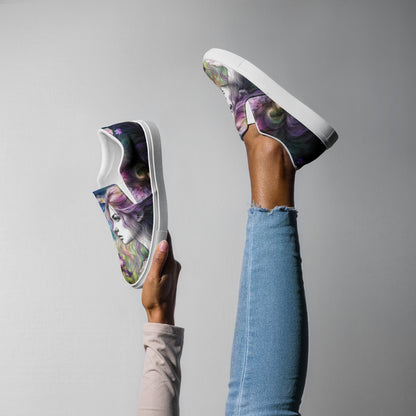 canvas slip on shoes, slip on shoes, canvas sneakers, canvas shoes, trendy fashion, unique shoe design, mens shoes, womens shoes, sneakers, art by jen duran