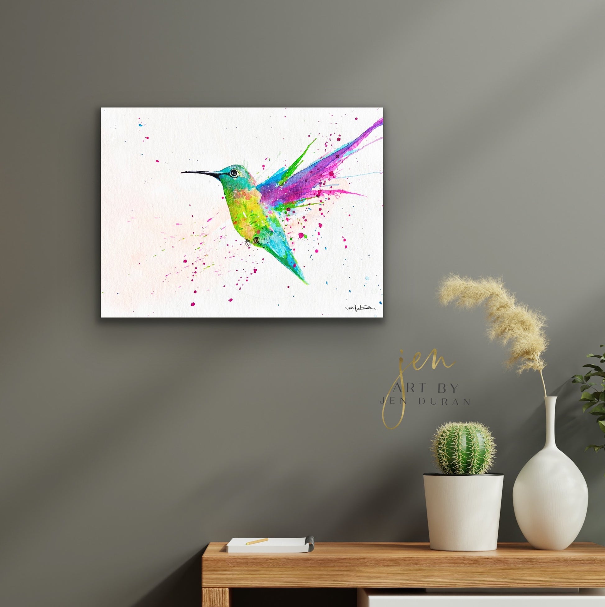 Watercolor Splash Hummingbird Painting Wall Art Home Decor Art By Jen Duran