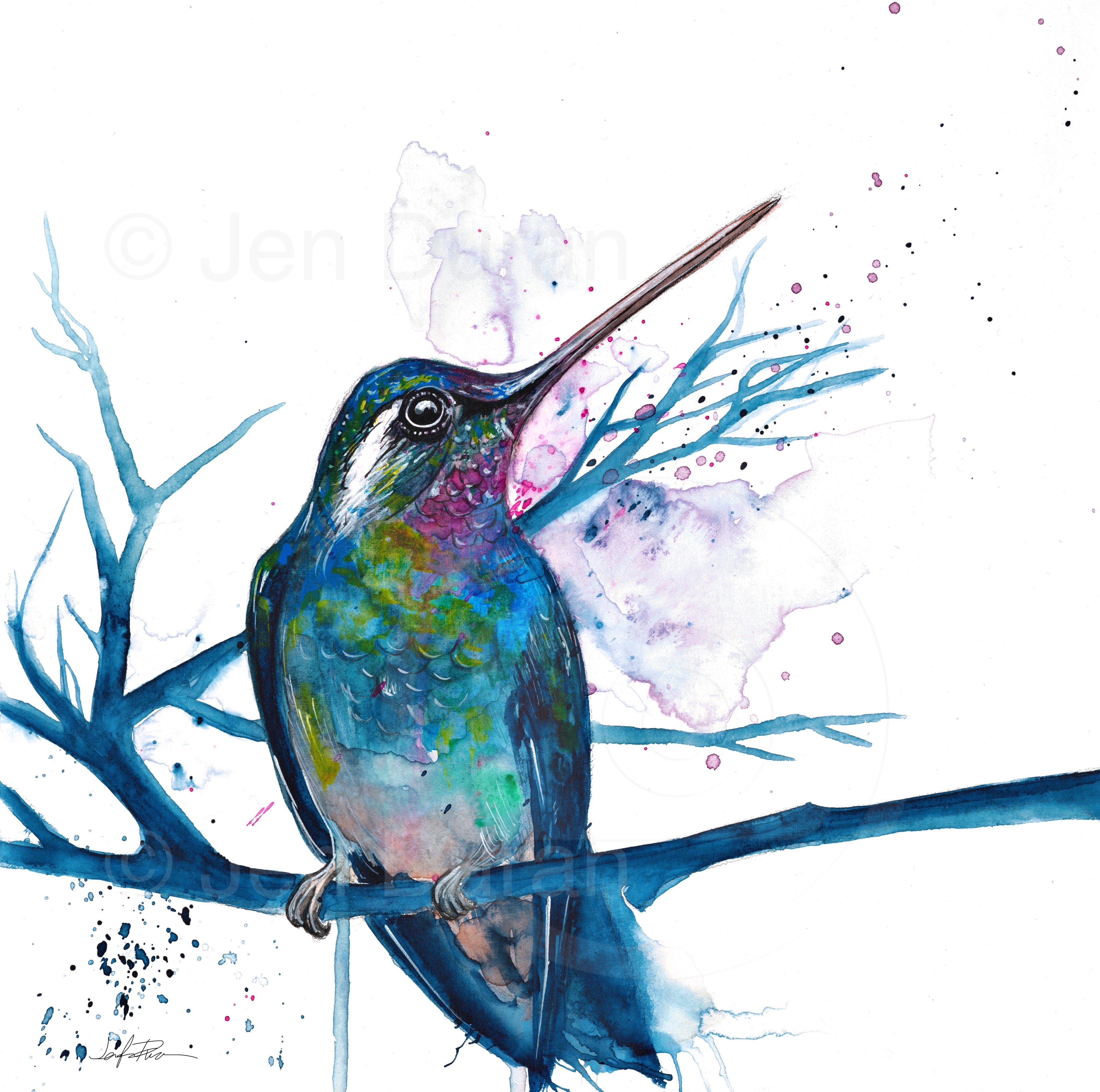 Blue Hummingbird Watercolor Painting Canvas Art outlets Print By Jen Duran