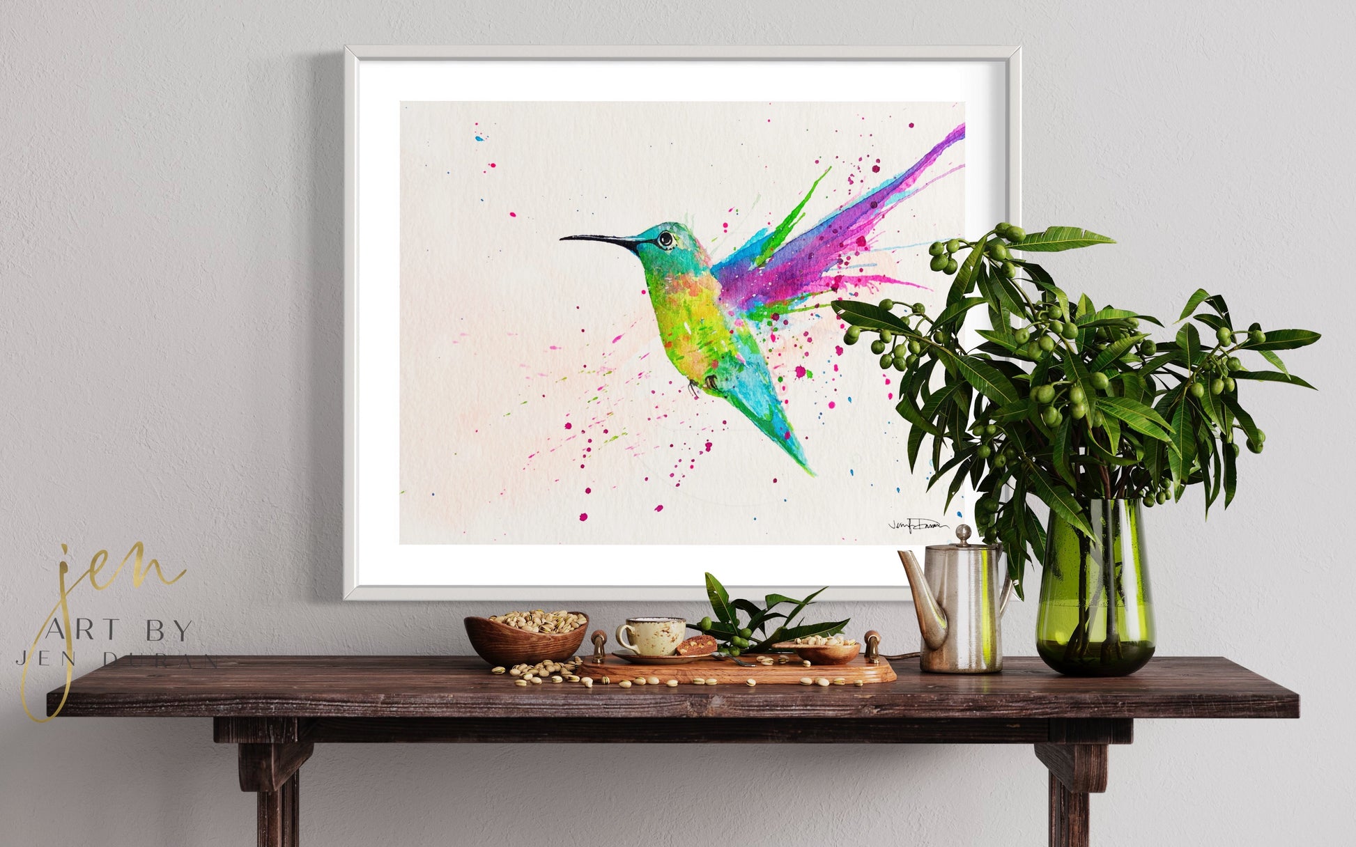 Watercolor Splash Hummingbird Painting Wall Art Home Decor Art By Jen Duran