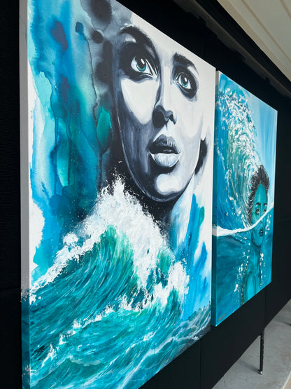 Modern Ocean Sea Wave Blue Woman Watercolor Wall Art Original Painting by Jen Duran