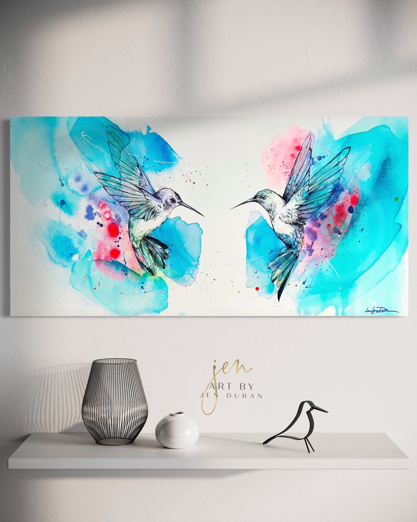 "AFFINITY" Original Watercolor Hummingbird Painting | Large Canvas Wall Art | Home Decor