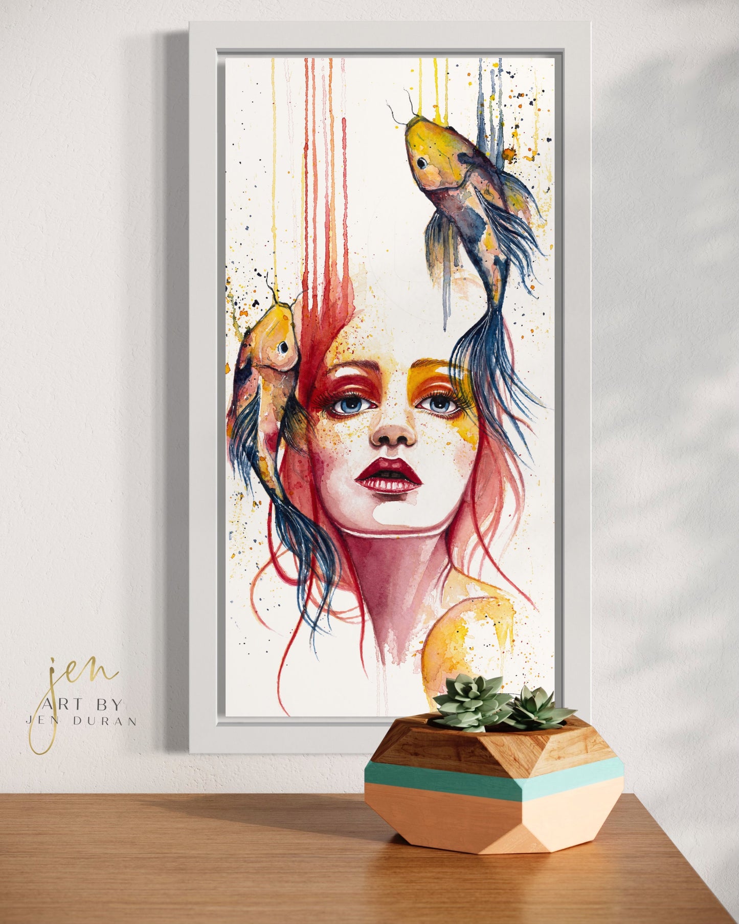 Mermaid Koi Fish Wall Art Home Decor Watercolor Painting Art By Jen Duran