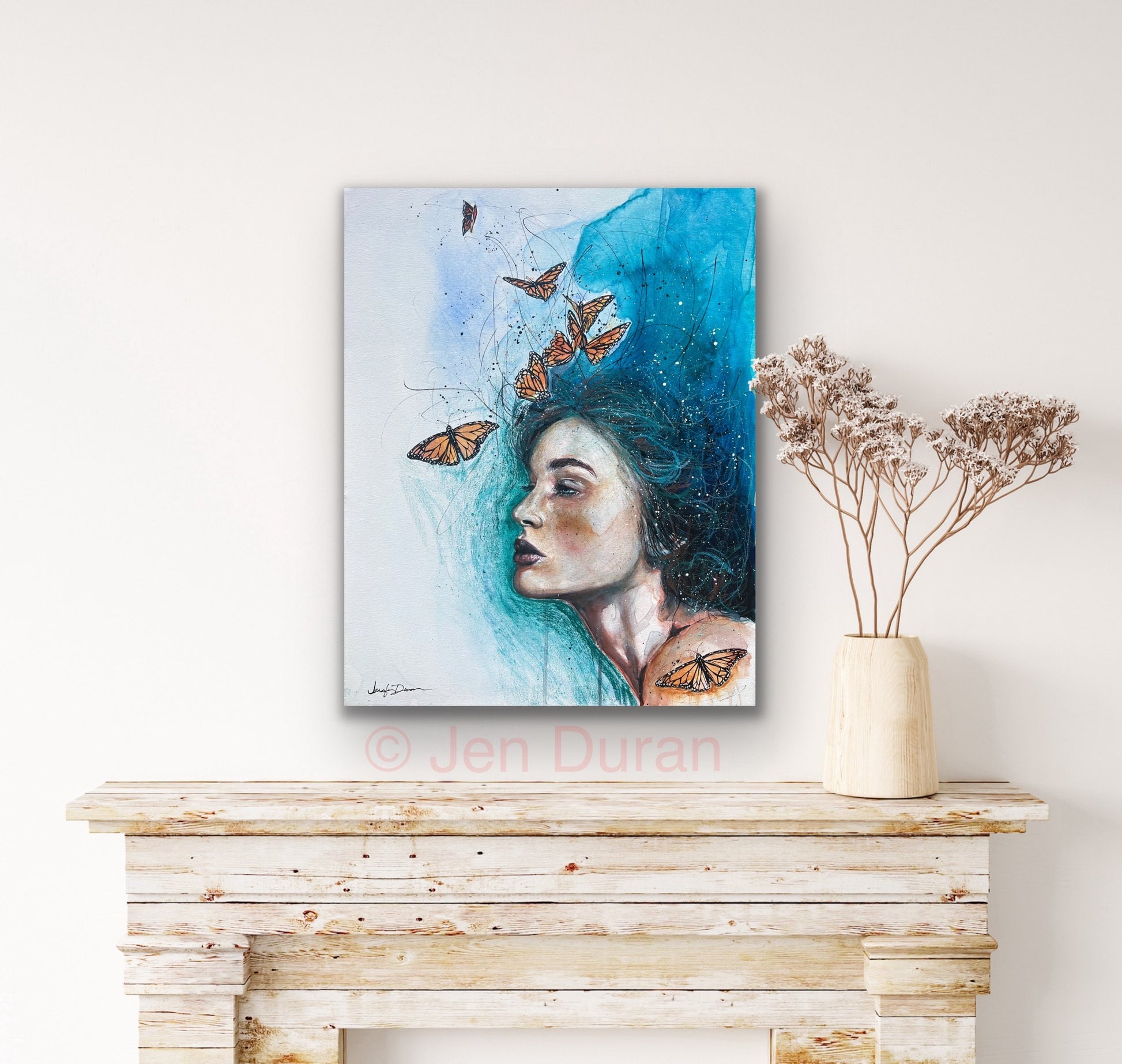 "DAY DREAMER" Original Watercolor Painting Woman Butterflies Canvas Wall Art By Jen Duran
