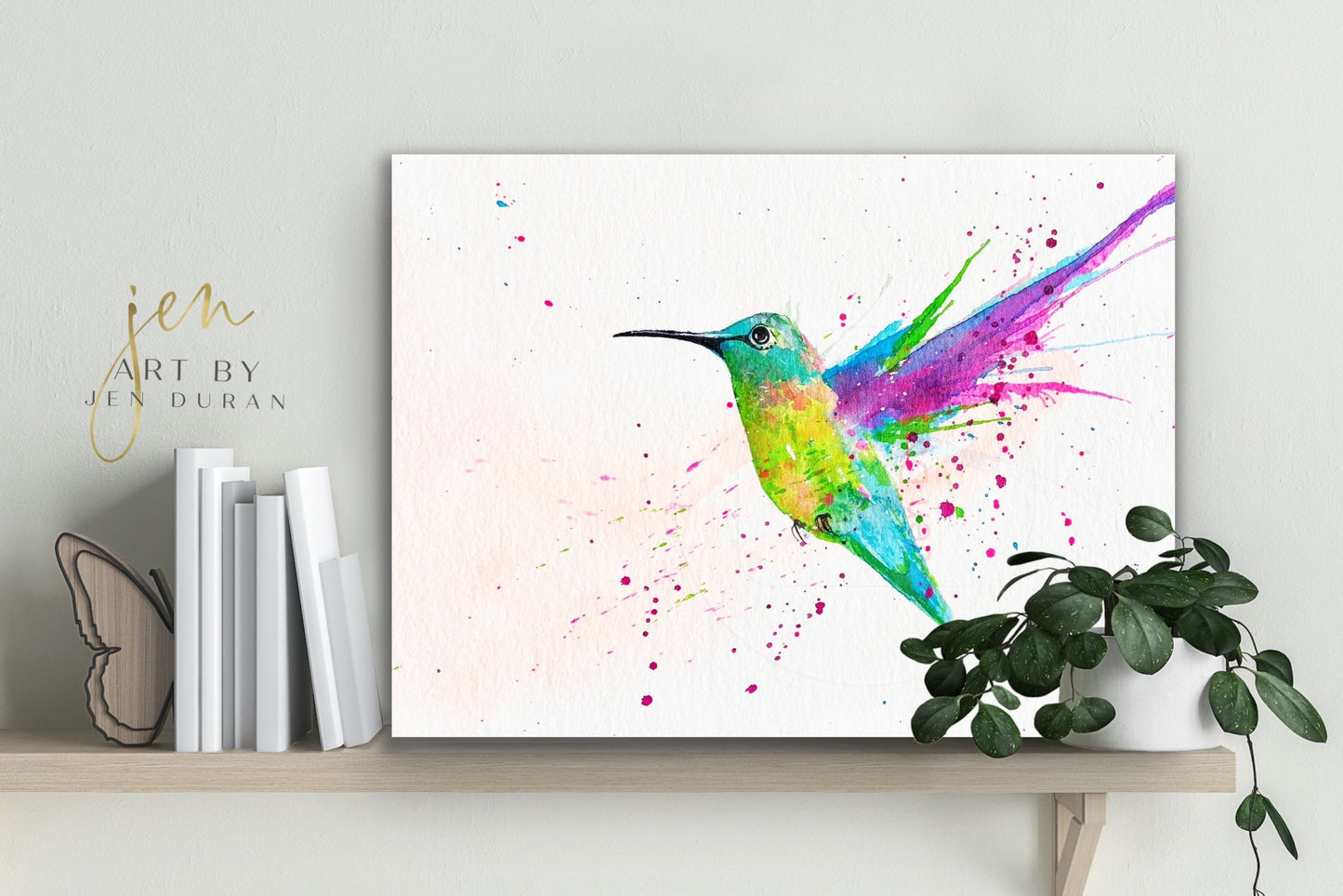 Watercolor Splash Hummingbird Painting Wall Art Home Decor Art By Jen Duran