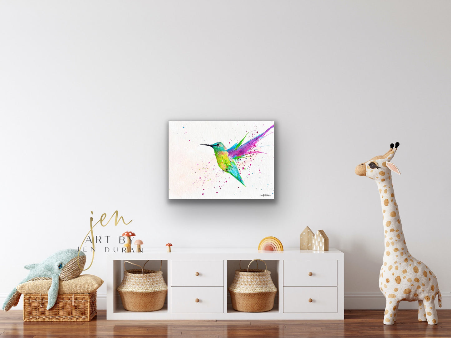 Watercolor Splash Hummingbird Painting Wall Art Home Decor Art By Jen Duran