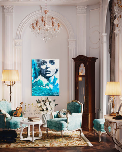 Modern Ocean Sea Wave Blue Woman Watercolor Wall Art Original Painting by Jen Duran