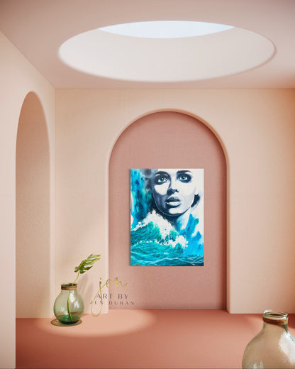 Modern Ocean Sea Wave Blue Woman Watercolor Wall Art Original Painting by Jen Duran