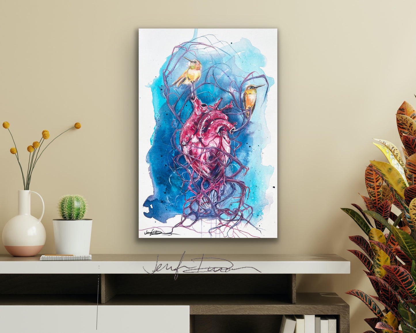 Abstract Modern Heart Watercolor Painting with Hummingbirds Wall Art By Jen Duran
