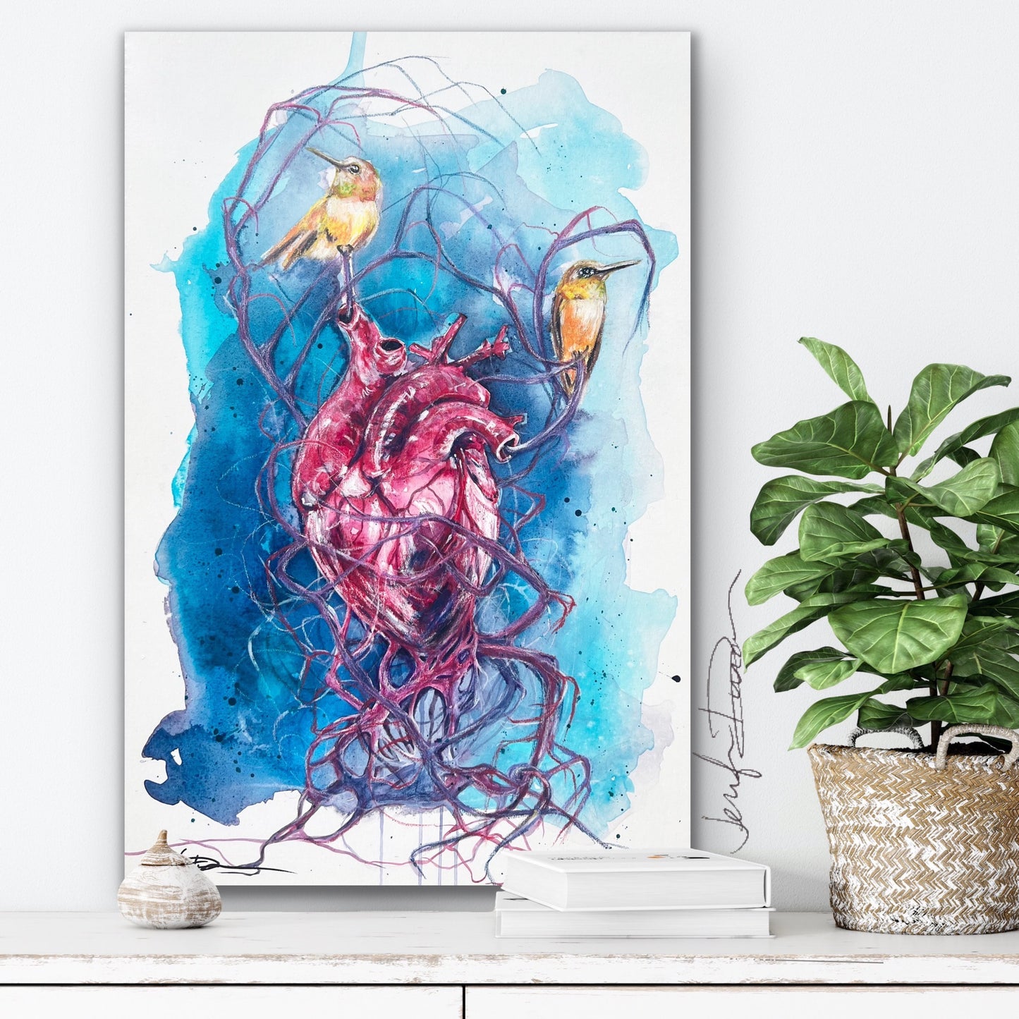 Abstract Modern Heart Watercolor Painting with Hummingbirds Wall Art By Jen Duran