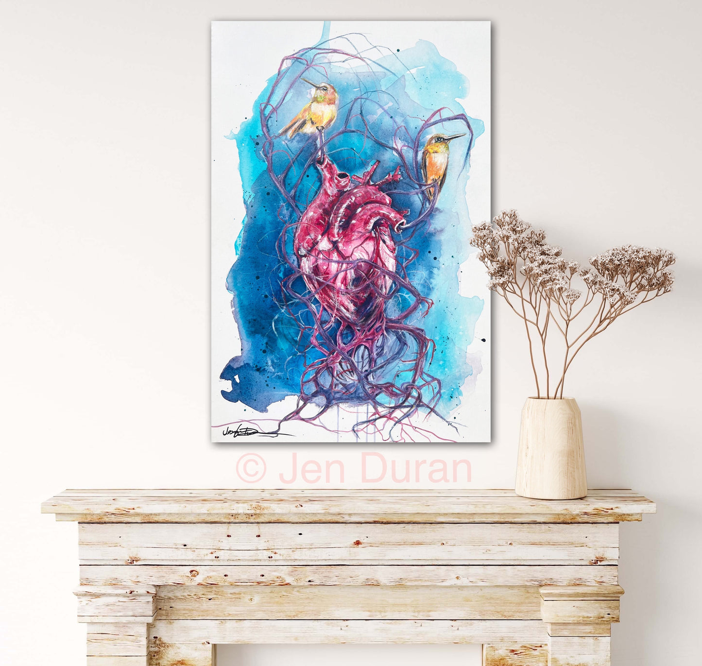 Abstract Modern Heart Watercolor Painting with Hummingbirds Wall Art By Jen Duran