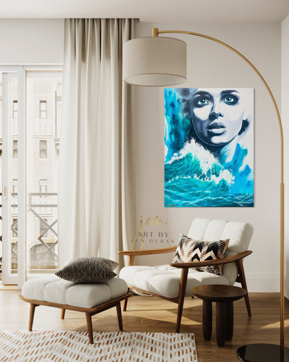 Modern Ocean Sea Wave Blue Woman Watercolor Wall Art Original Painting by Jen Duran