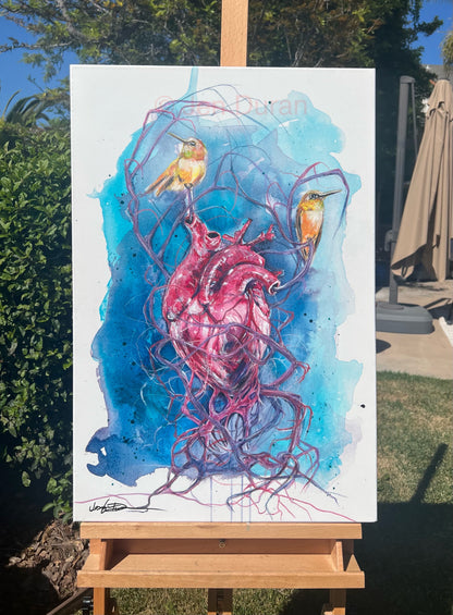 Abstract Modern Heart Watercolor Painting with Hummingbirds Wall Art By Jen Duran